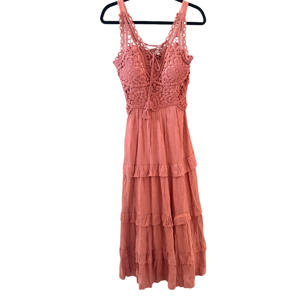 J GEE Women Terracotta Boho Crochet Lace Up Tiered Ruffle Maxi Dress Size M